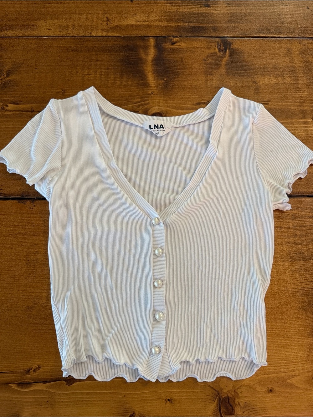 LNA White Ribbed V-Neck Button Crop Top